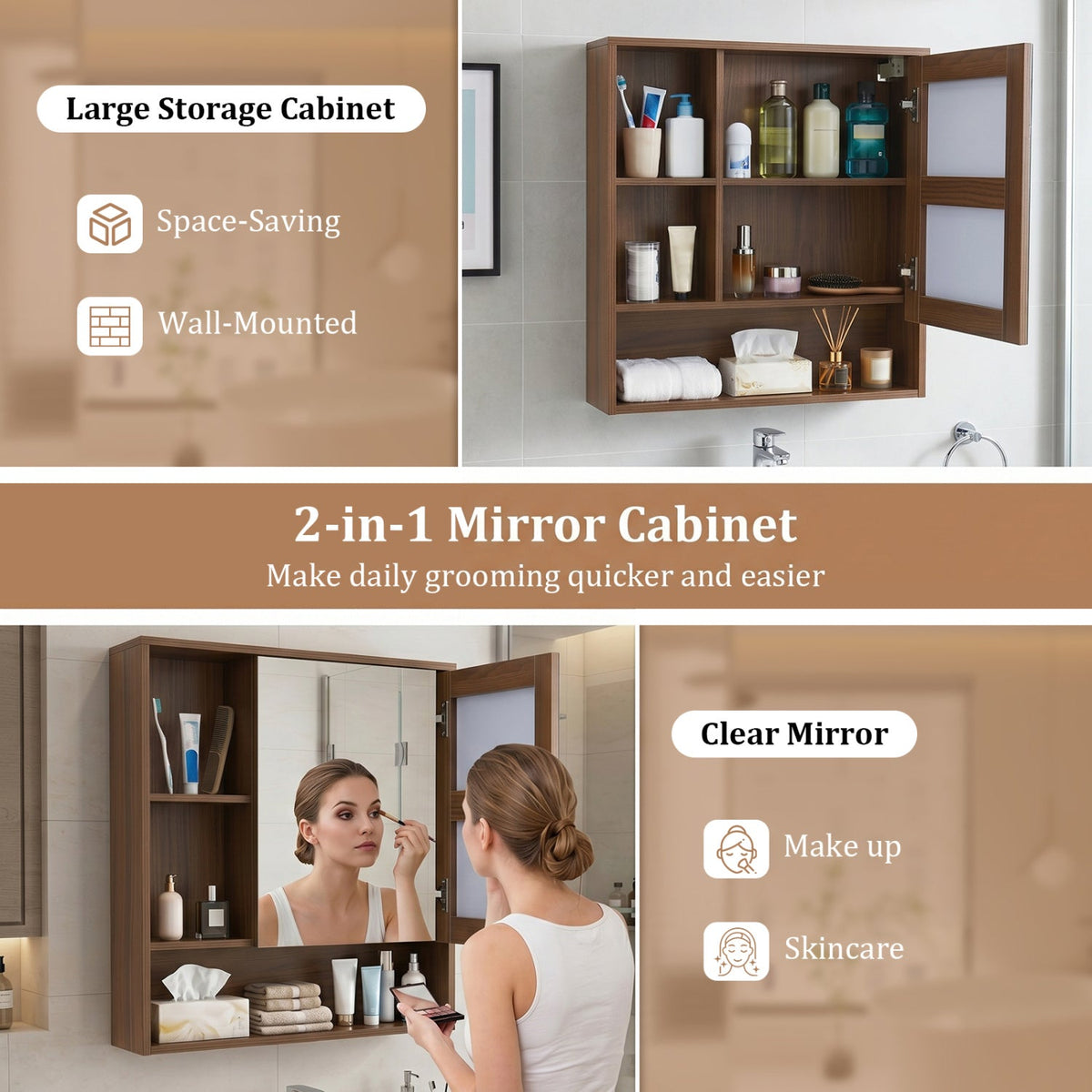 Wall-Mounted Mirror Cabinet with Hidden & Open Storage