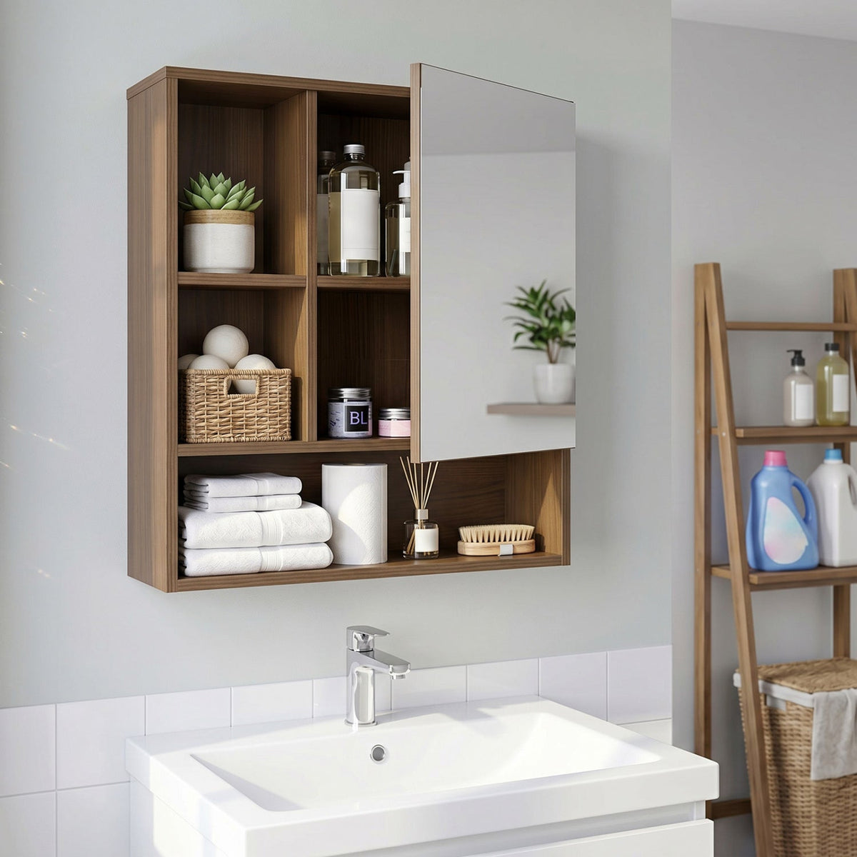 Wall-Mounted Mirror Cabinet with Hidden & Open Storage