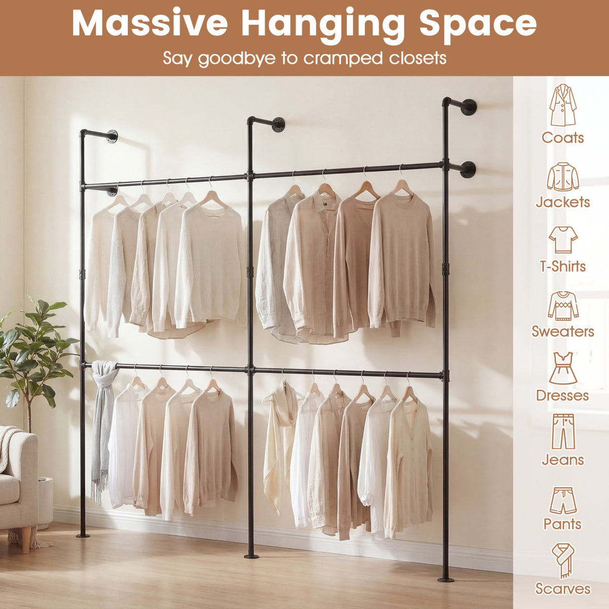 Wall Mounted Pipe Clothing Rack with 4 Hanging Rods