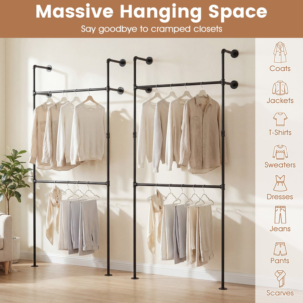 Wall Mounted Pipe Clothing Rack with 2 Hanging Rods