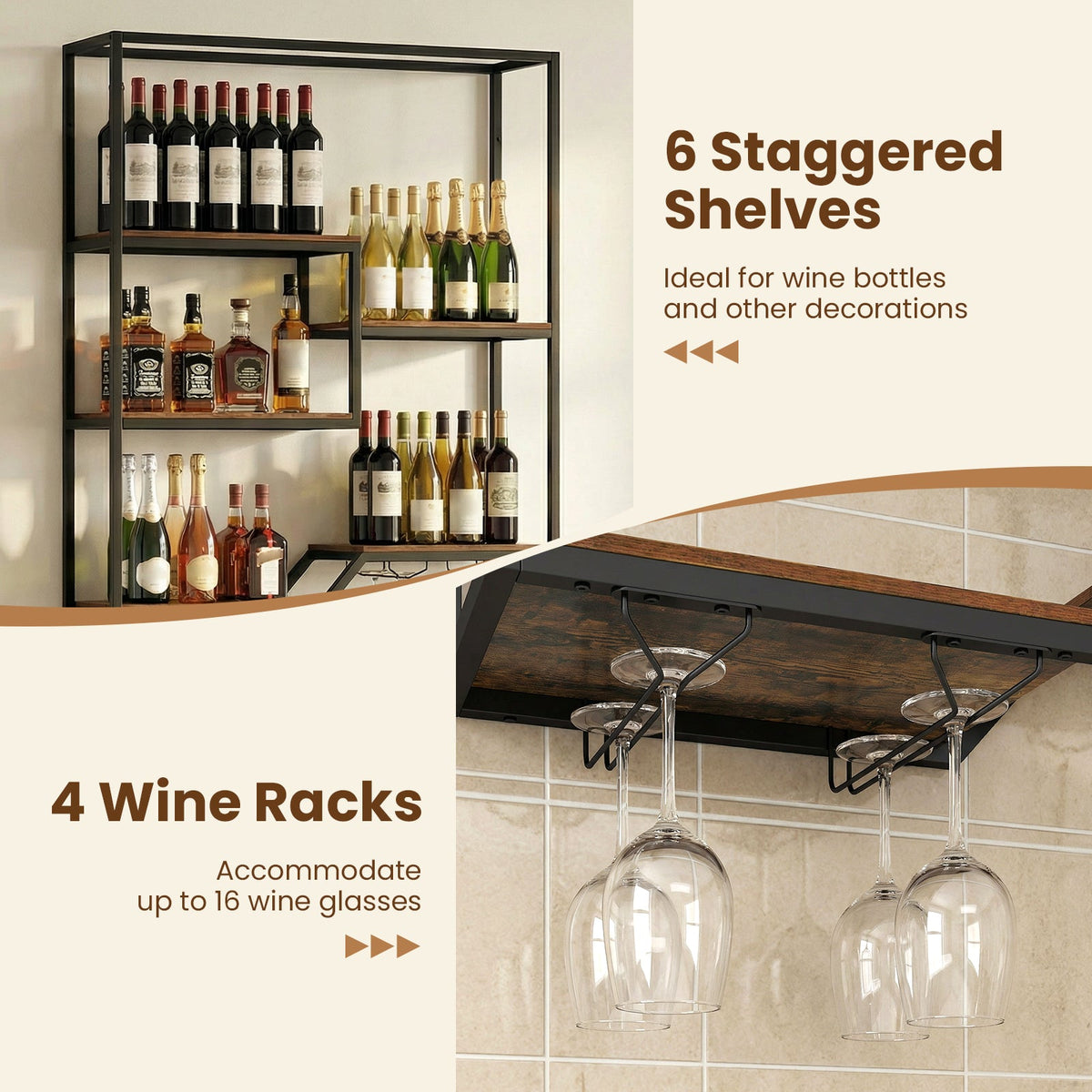 Wall Mounted Wine Rack 6-Tier Hanging Bar Shelf with Bottle Display Shelf and Glass Holder-Rustic Brown
