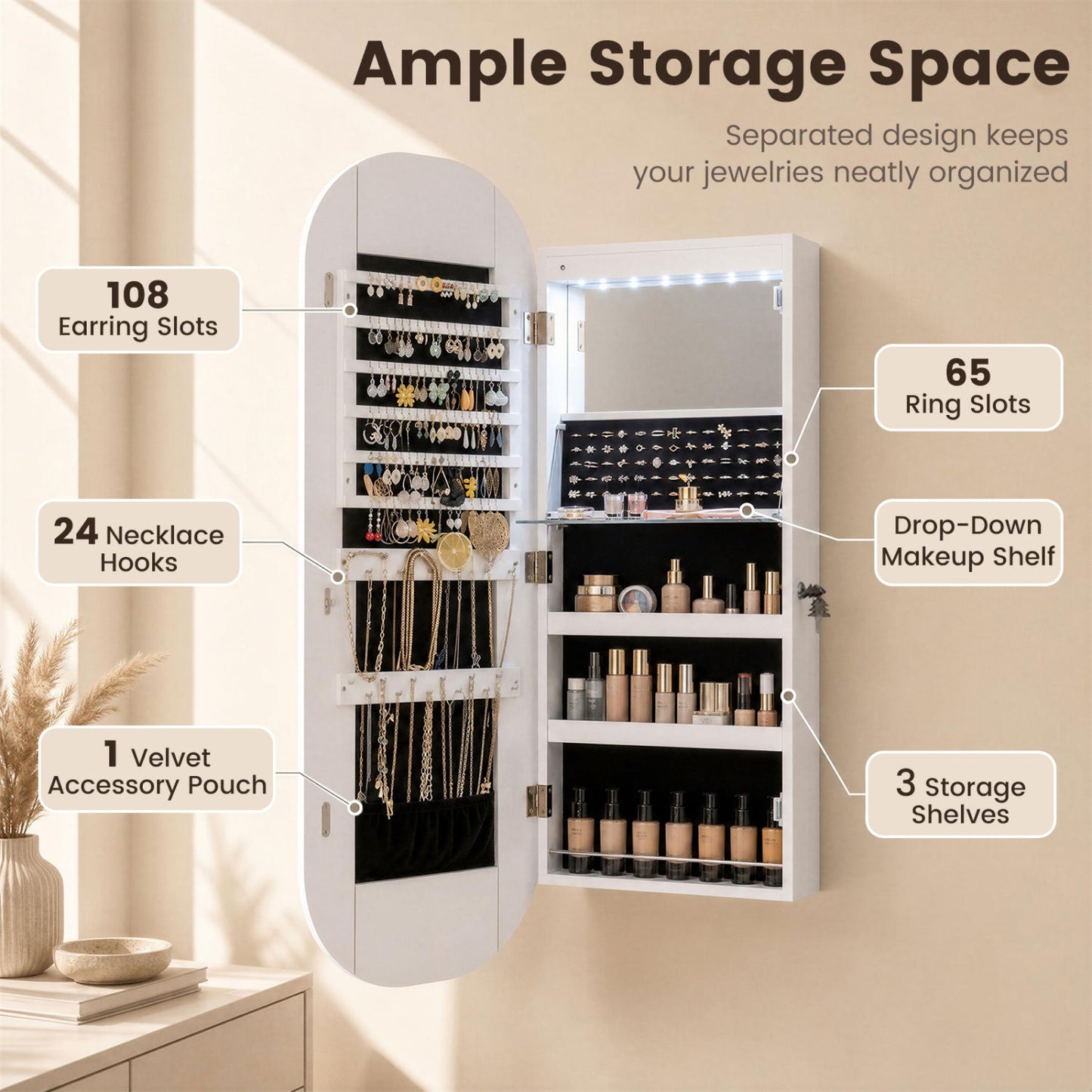 Wall & Door Mounted Jewelry Cabinet with LED Mirror - White