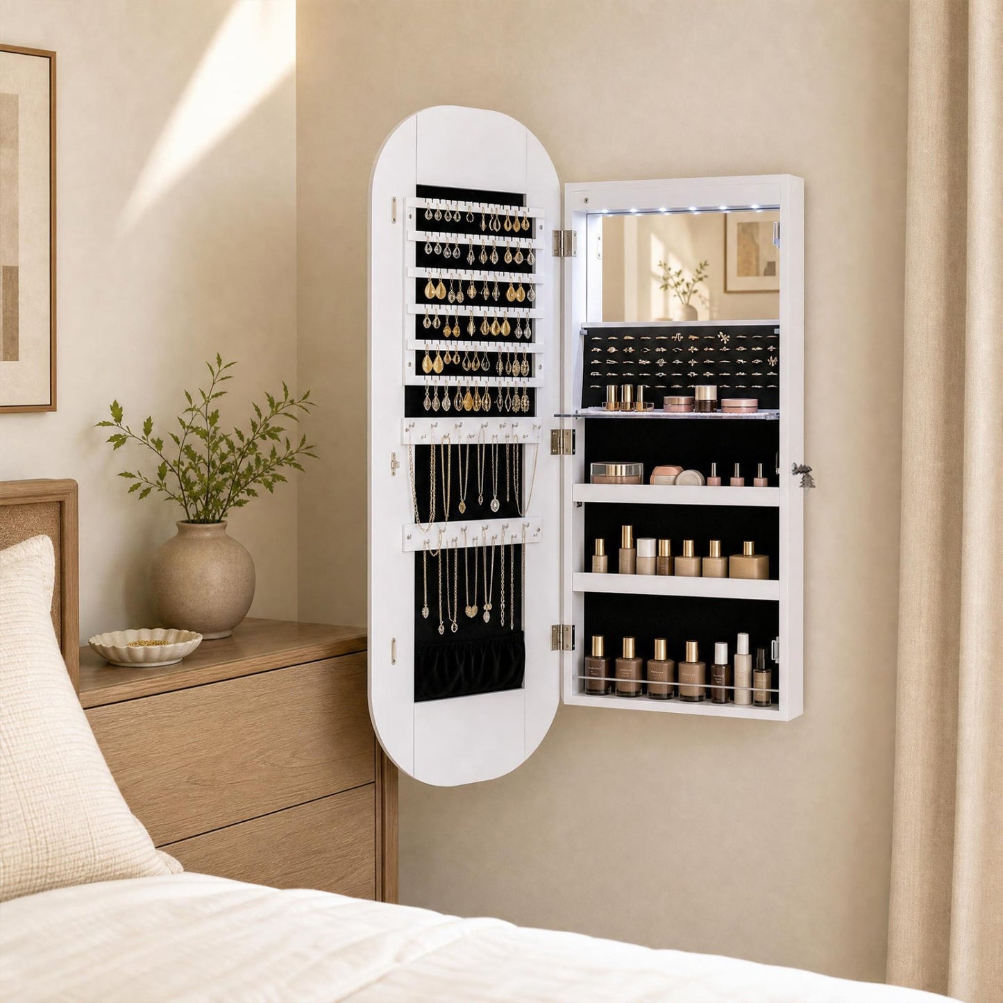 Wall & Door Mounted Jewelry Cabinet with LED Mirror - White