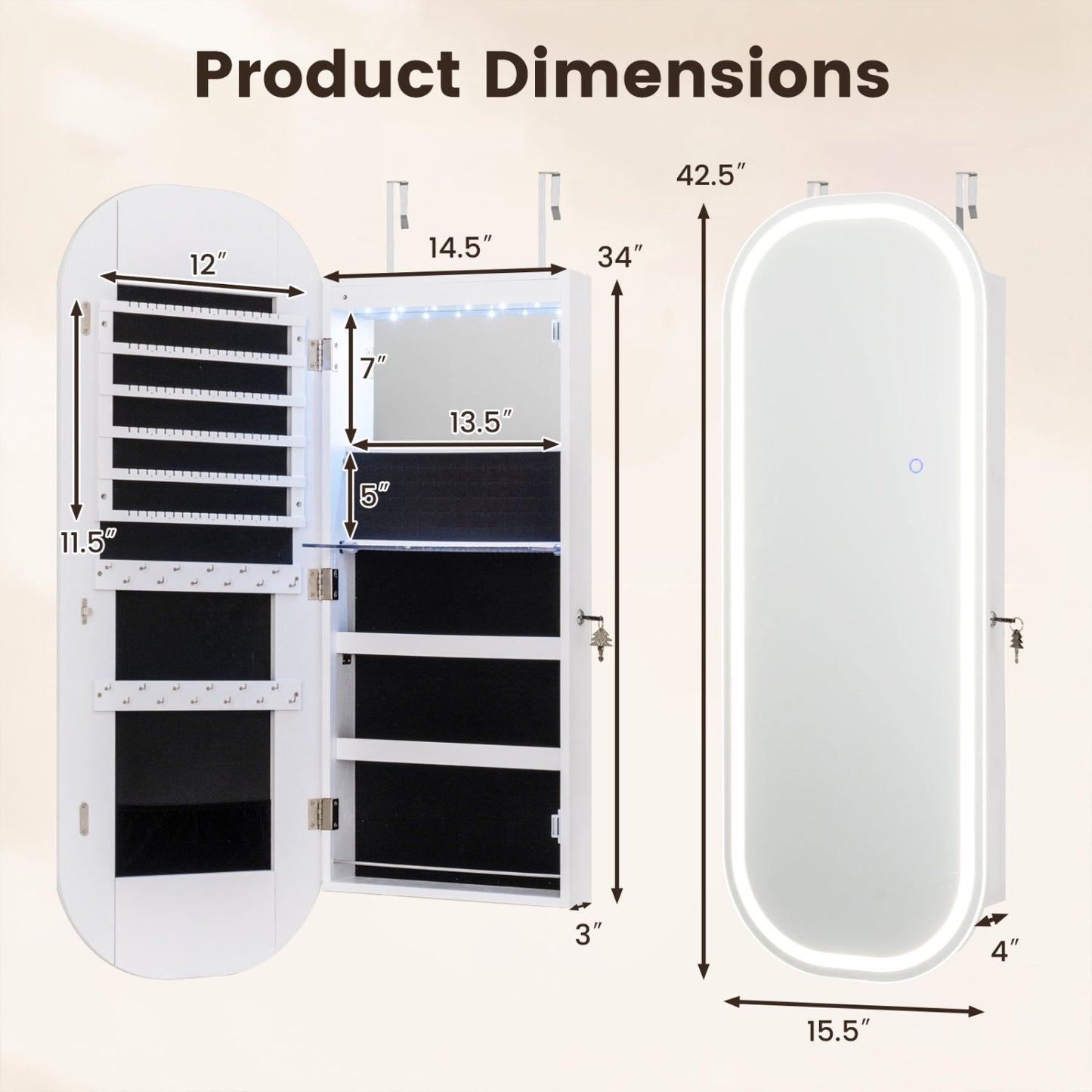 Wall & Door Mounted Jewelry Cabinet with LED Mirror - White