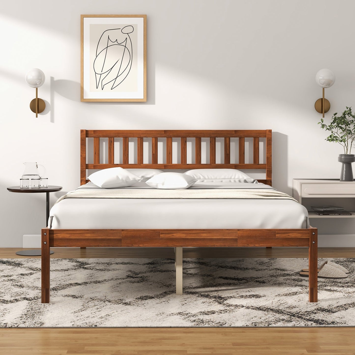 Twin/Full/Queen Size Wood Bed Frame with Headboard and Slat Support