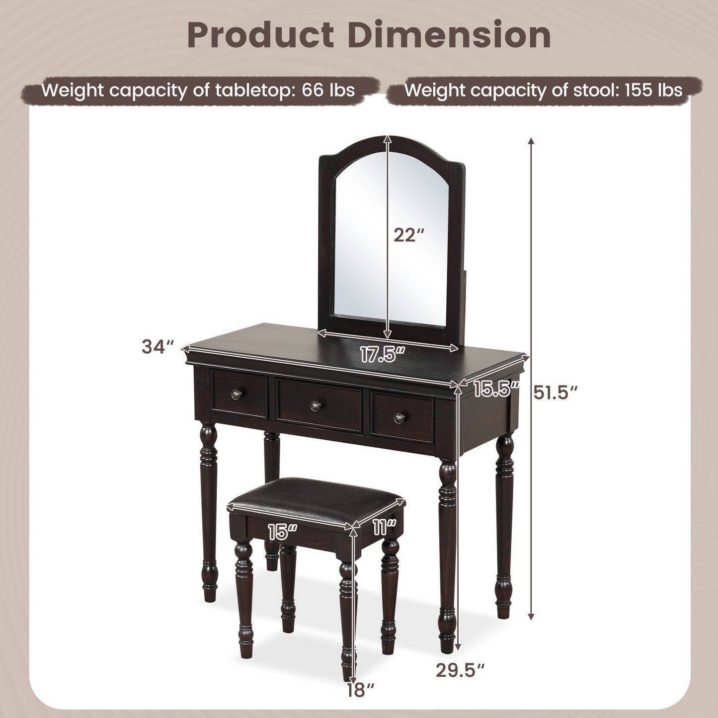 Makeup Vanity Table and Stool Set with Detachable Mirror and 3 Drawers Storage