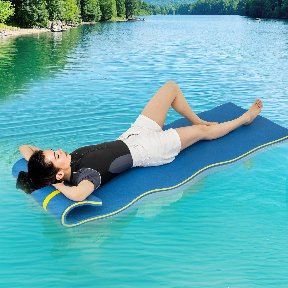7 Inches x 2 Inches Water Mat with Safety Tether and Pillow Design for Lake and Pool-Blue