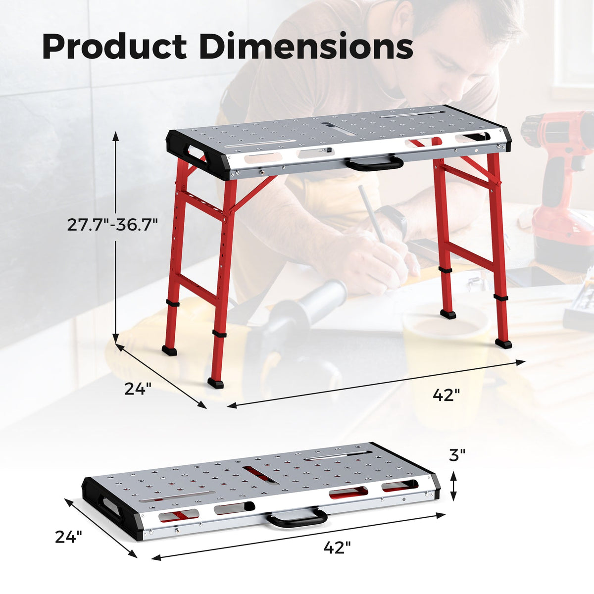 42 Inches x 21 Inches Welding Table with Adjustable Height and 2 Bar Clamps-Silver