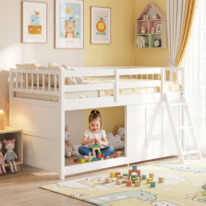 Twin Loft Bed with Sliding Door Storage Cabinet - White