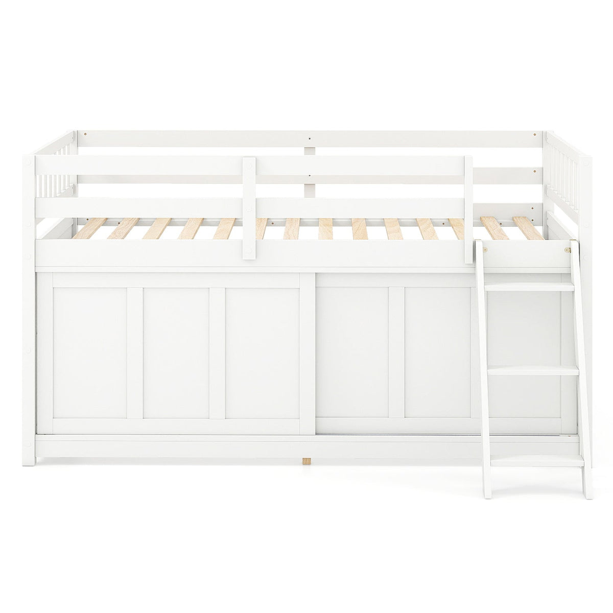 Twin Loft Bed with Sliding Door Storage Cabinet - White