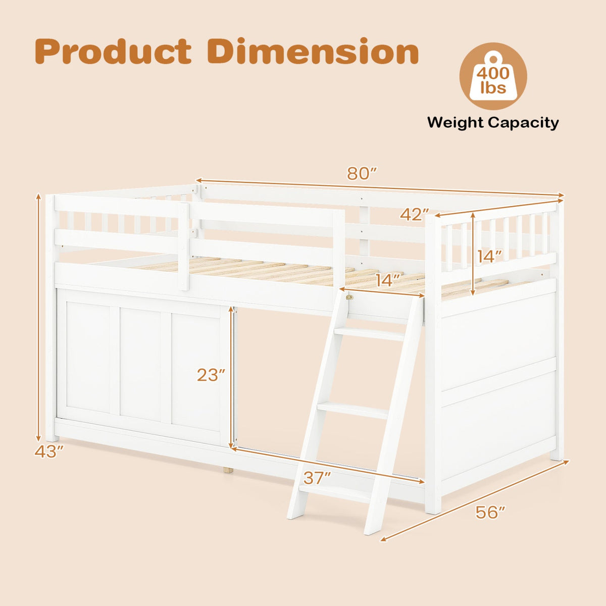 Twin Loft Bed with Sliding Door Storage Cabinet - White