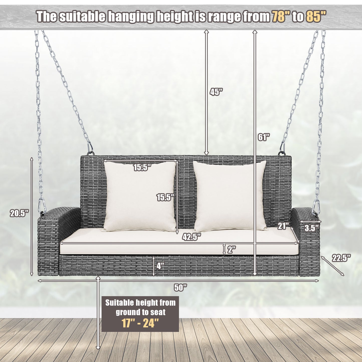 2-Person Patio Hanging Swing Bench with Cushions - 800 lbs