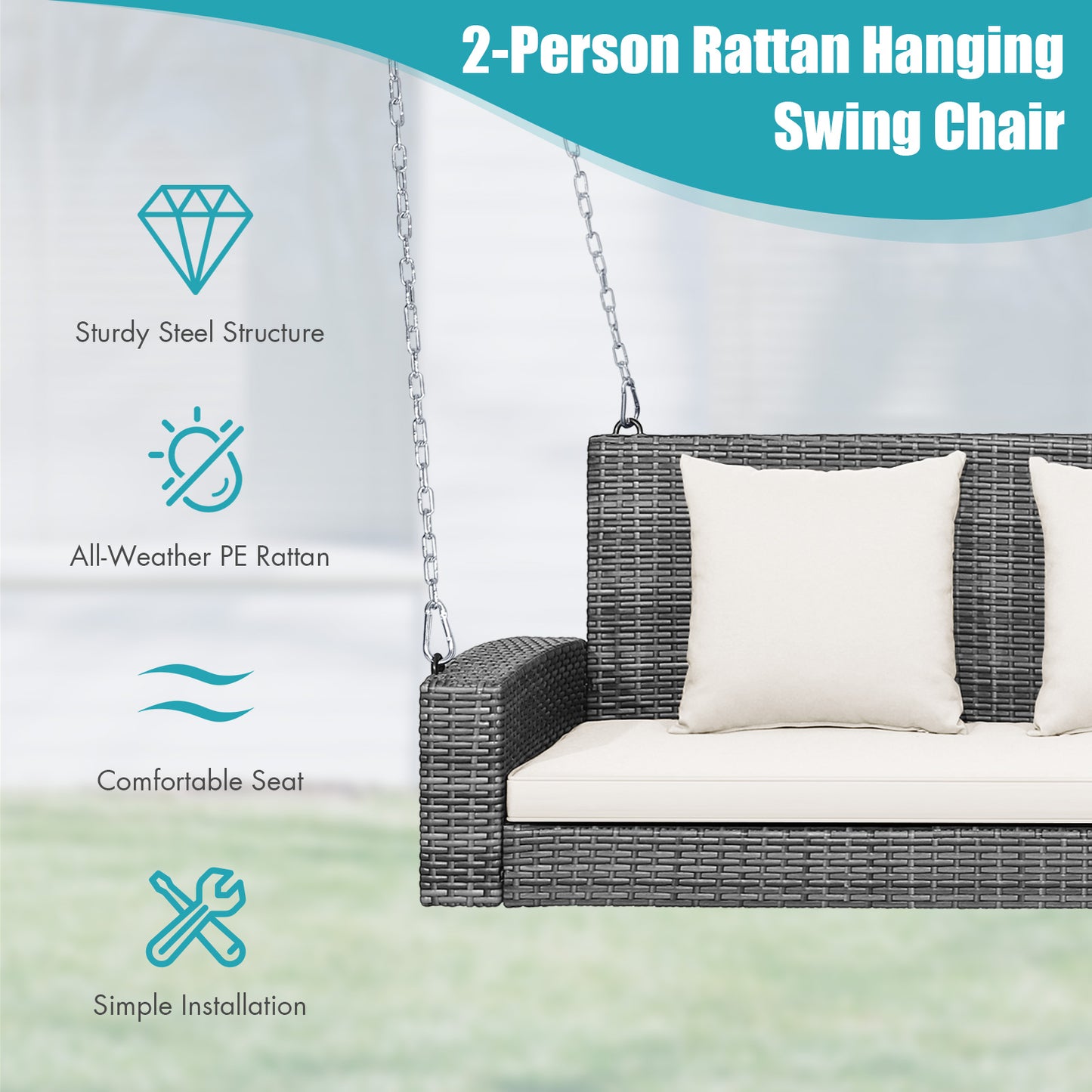 2-Person Patio Hanging Swing Bench with Cushions - 800 lbs