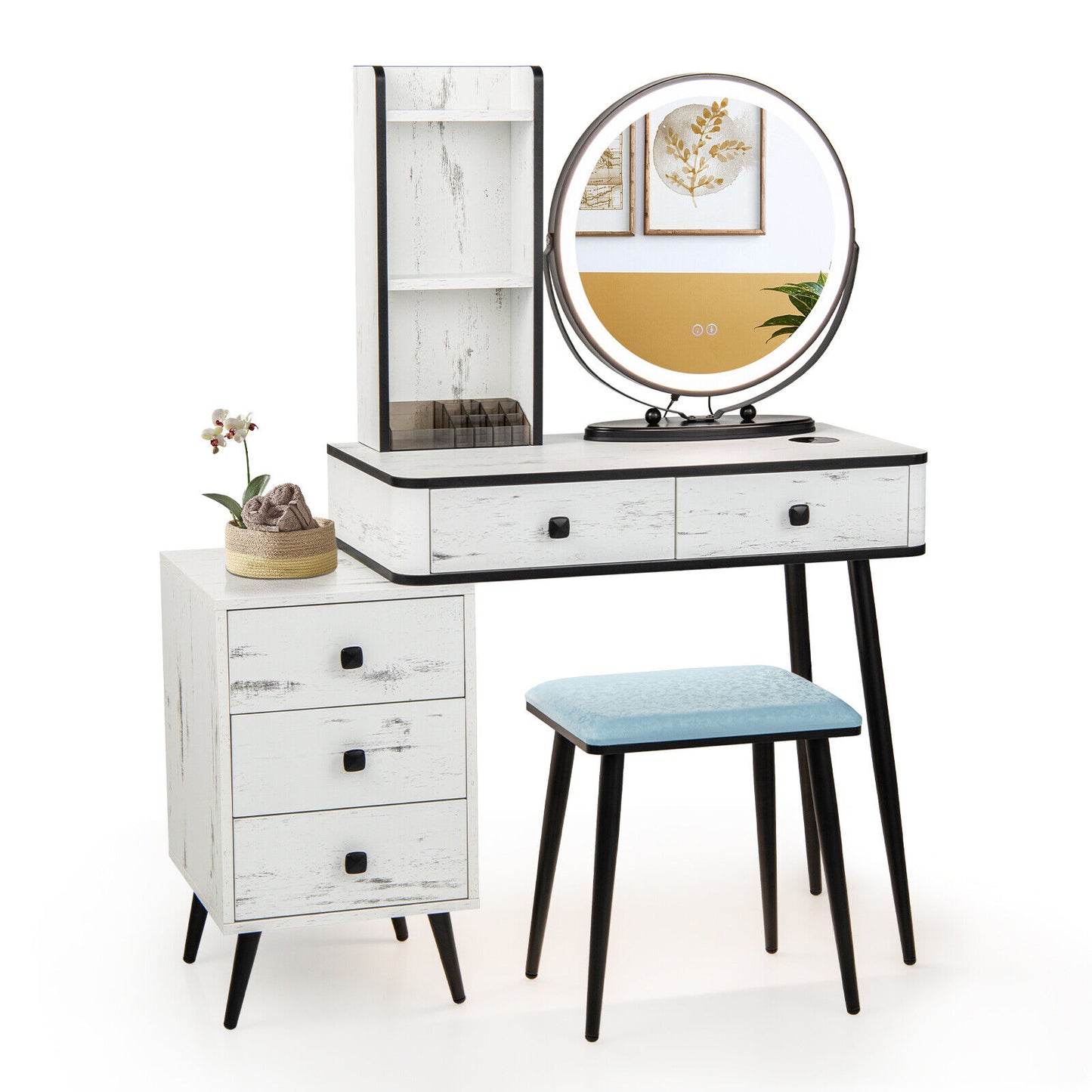 Vanity Table Set with 3-Color Lighted Mirror and Stool