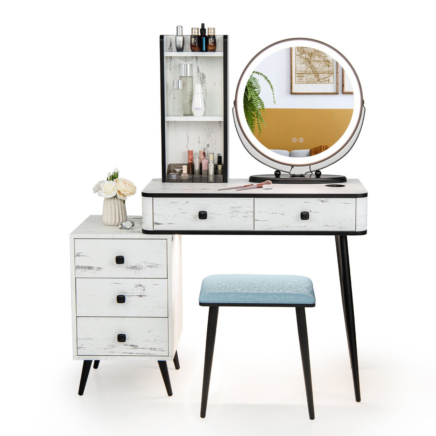 Vanity Table Set with 3-Color Lighted Mirror and Stool