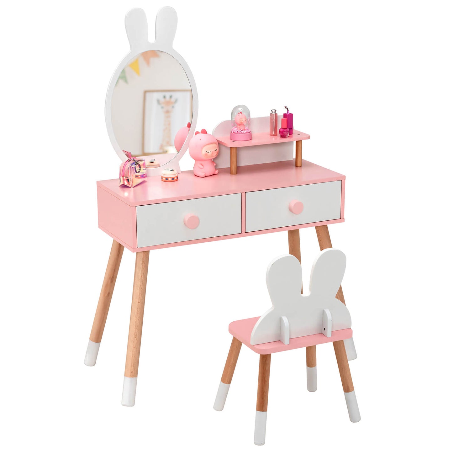 Kids Vanity Table and Chair Set with Rabbit Mirror