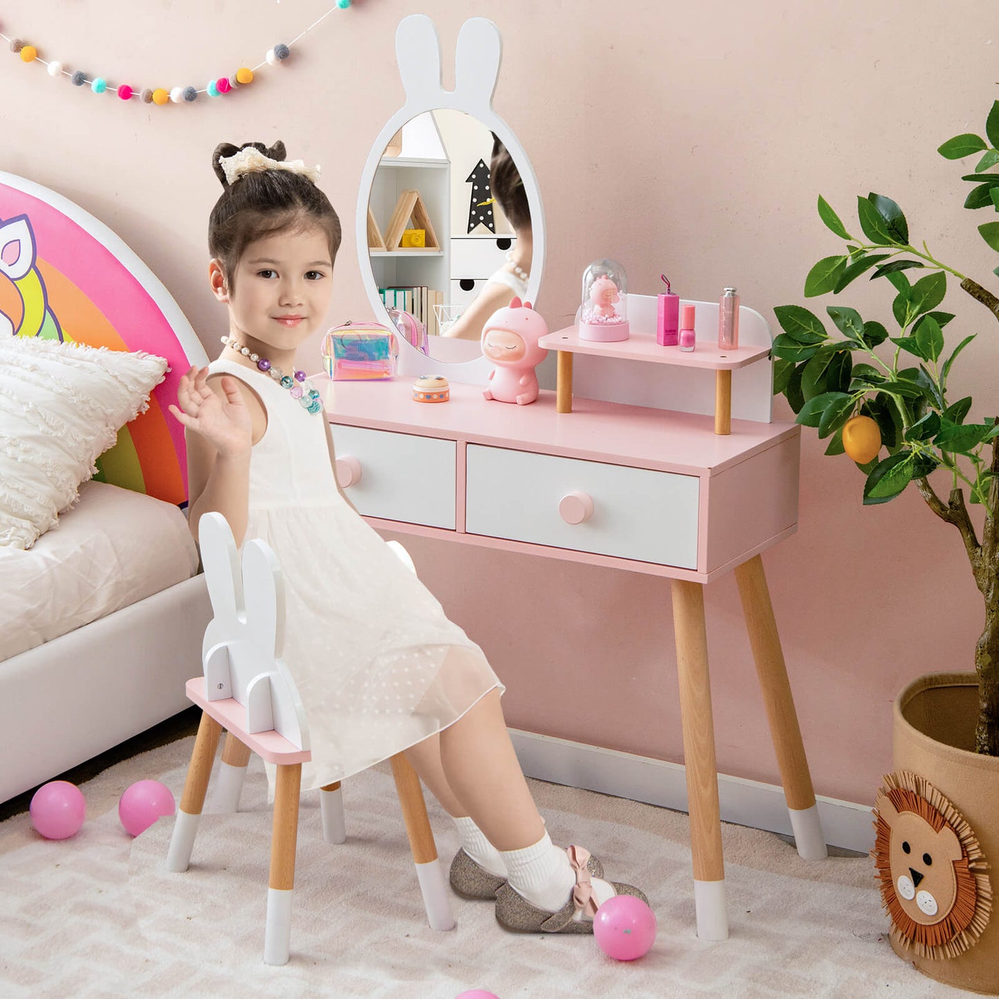 Kids Vanity Table and Chair Set with Rabbit Mirror