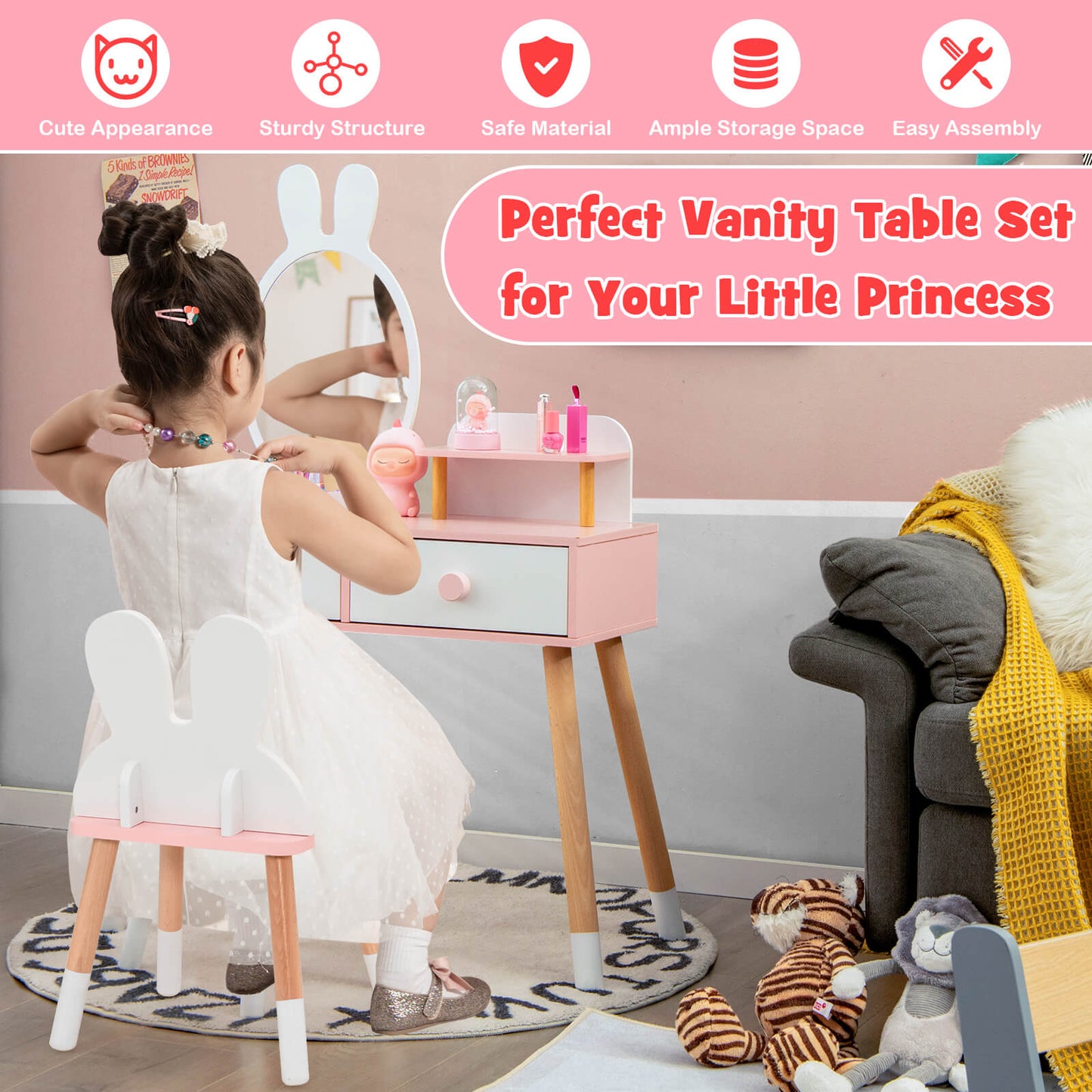 Kids Vanity Table and Chair Set with Rabbit Mirror