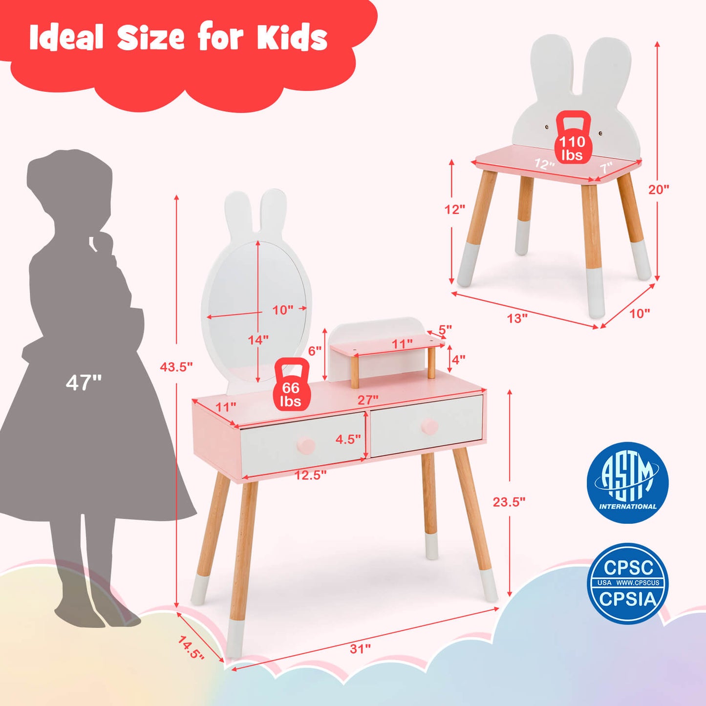 Kids Vanity Table and Chair Set with Rabbit Mirror