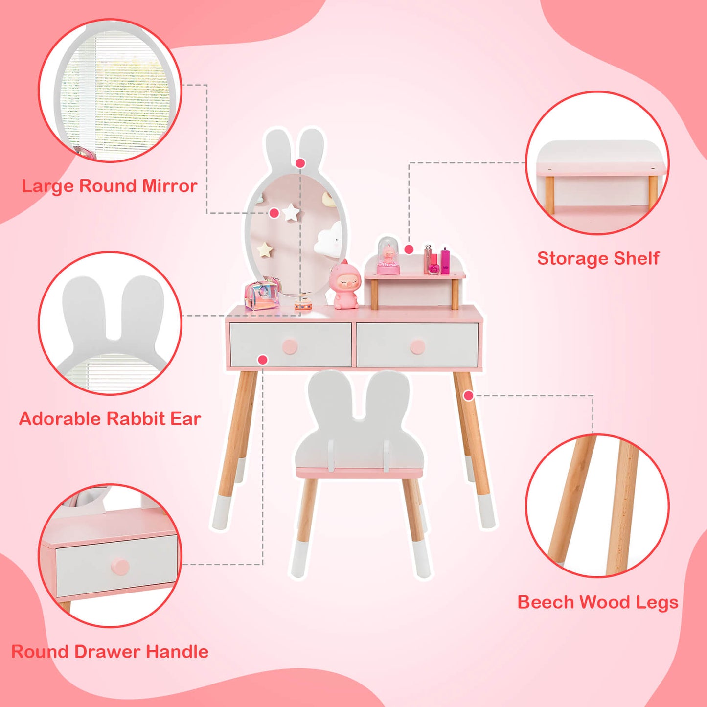 Kids Vanity Table and Chair Set with Rabbit Mirror