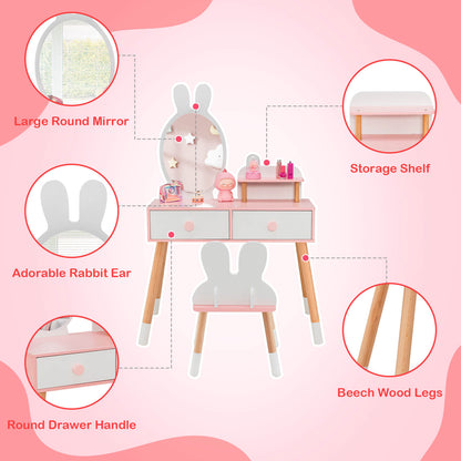 Kids Vanity Table and Chair Set with Rabbit Mirror