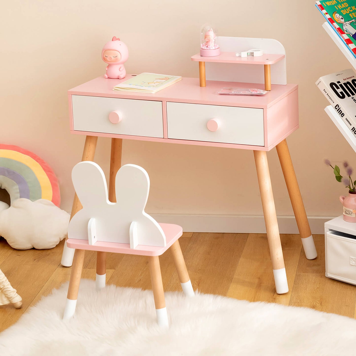 Kids Vanity Table and Chair Set with Rabbit Mirror