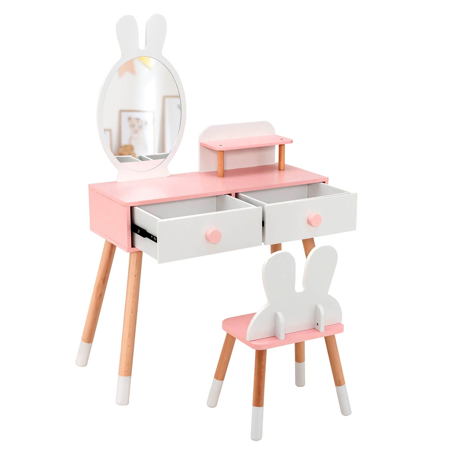 Kids Vanity Table and Chair Set with Rabbit Mirror