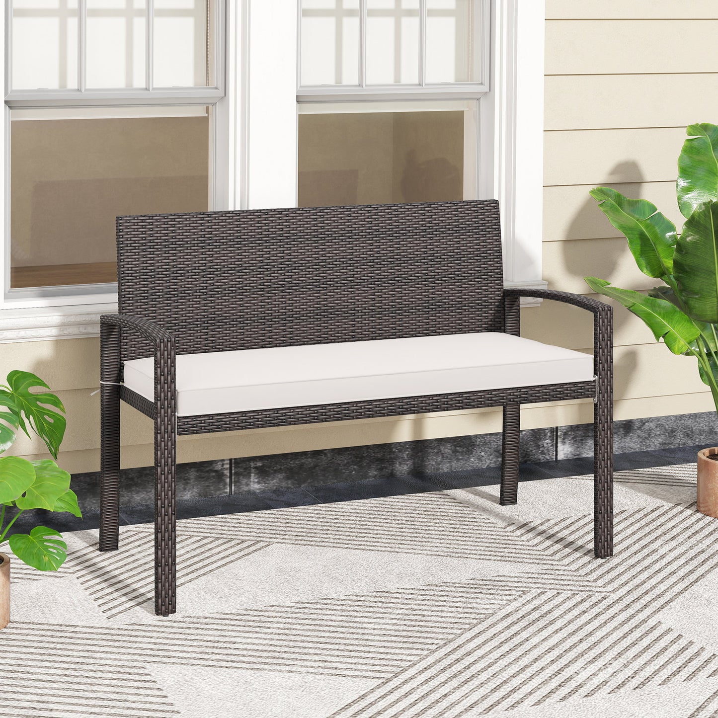 Wicker 2-Seat Outdoor Bench with Cushion and Metal Frame