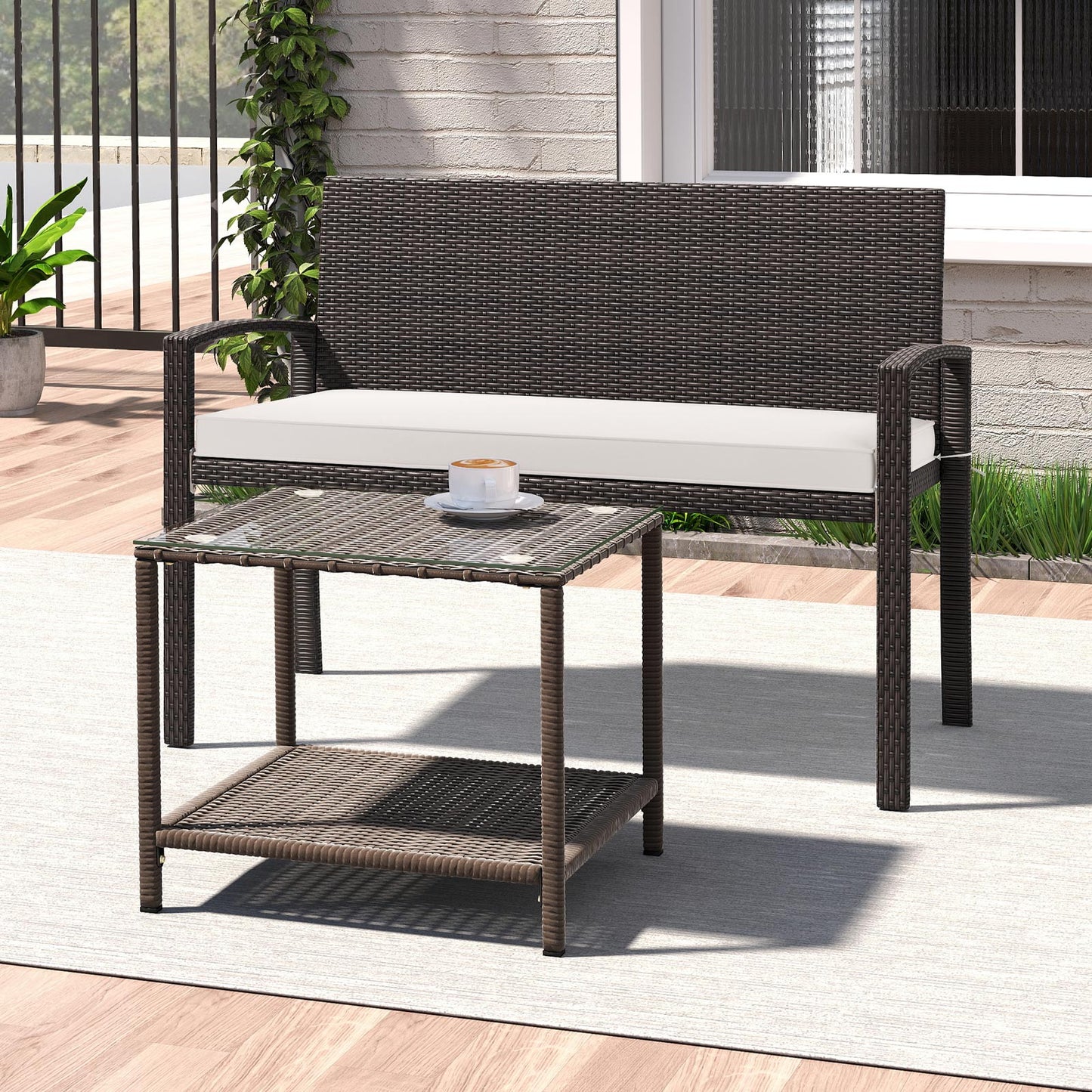 Wicker 2-Seat Outdoor Bench with Cushion and Metal Frame