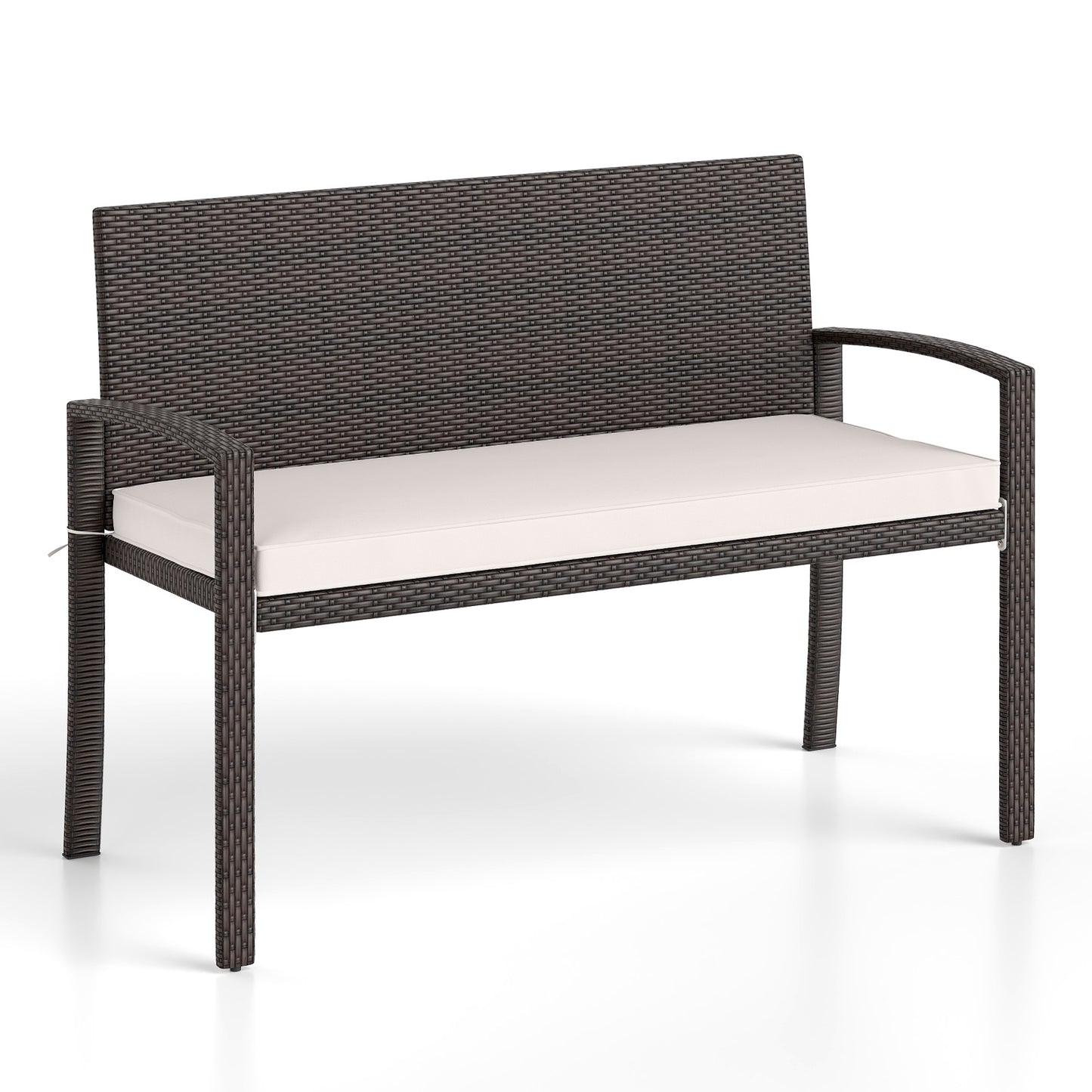 Wicker 2-Seat Outdoor Bench with Cushion and Metal Frame