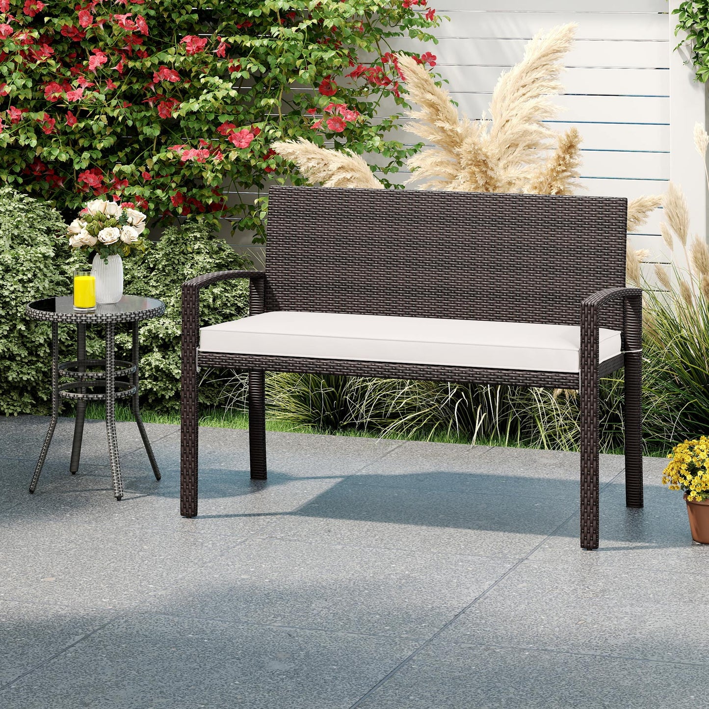 Wicker 2-Seat Outdoor Bench with Cushion and Metal Frame