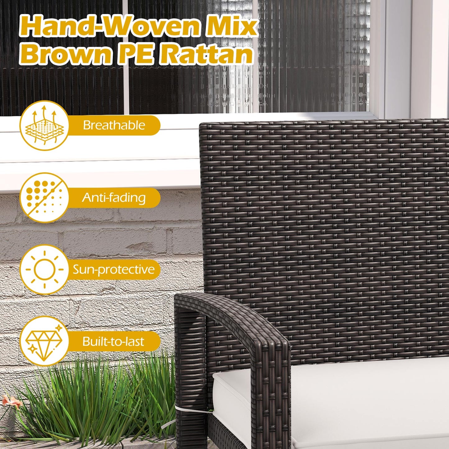 Wicker 2-Seat Outdoor Bench with Cushion and Metal Frame