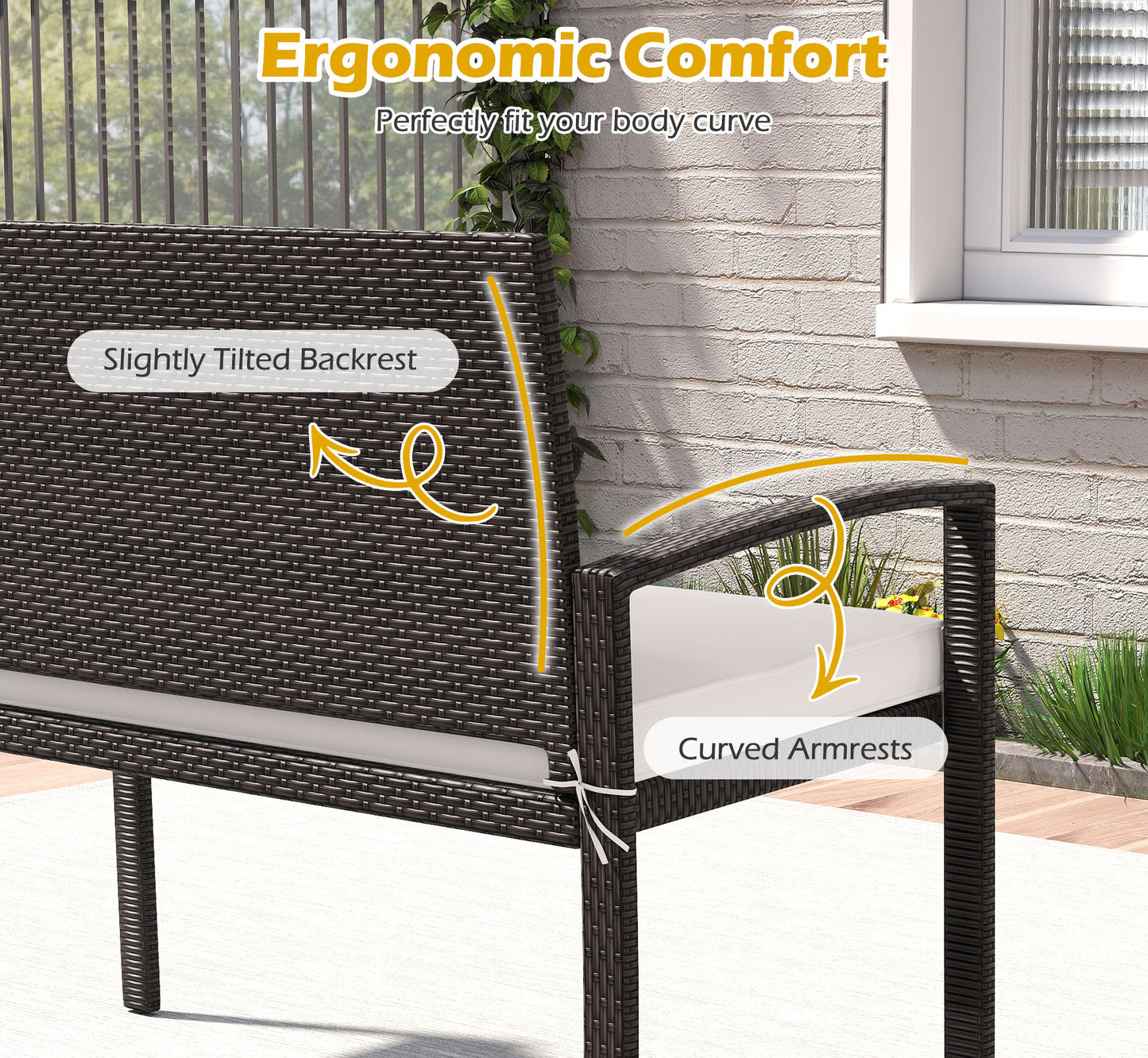 Wicker 2-Seat Outdoor Bench with Cushion and Metal Frame