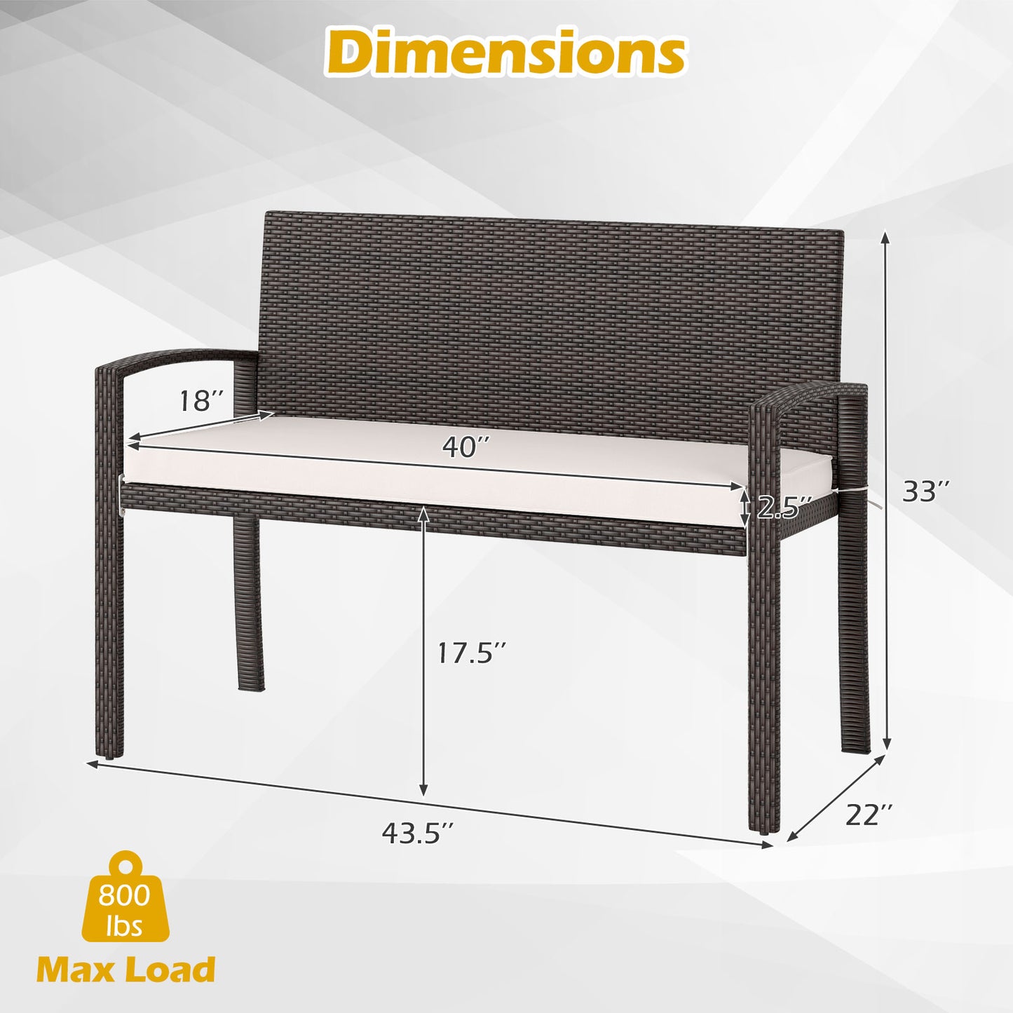 Wicker 2-Seat Outdoor Bench with Cushion and Metal Frame