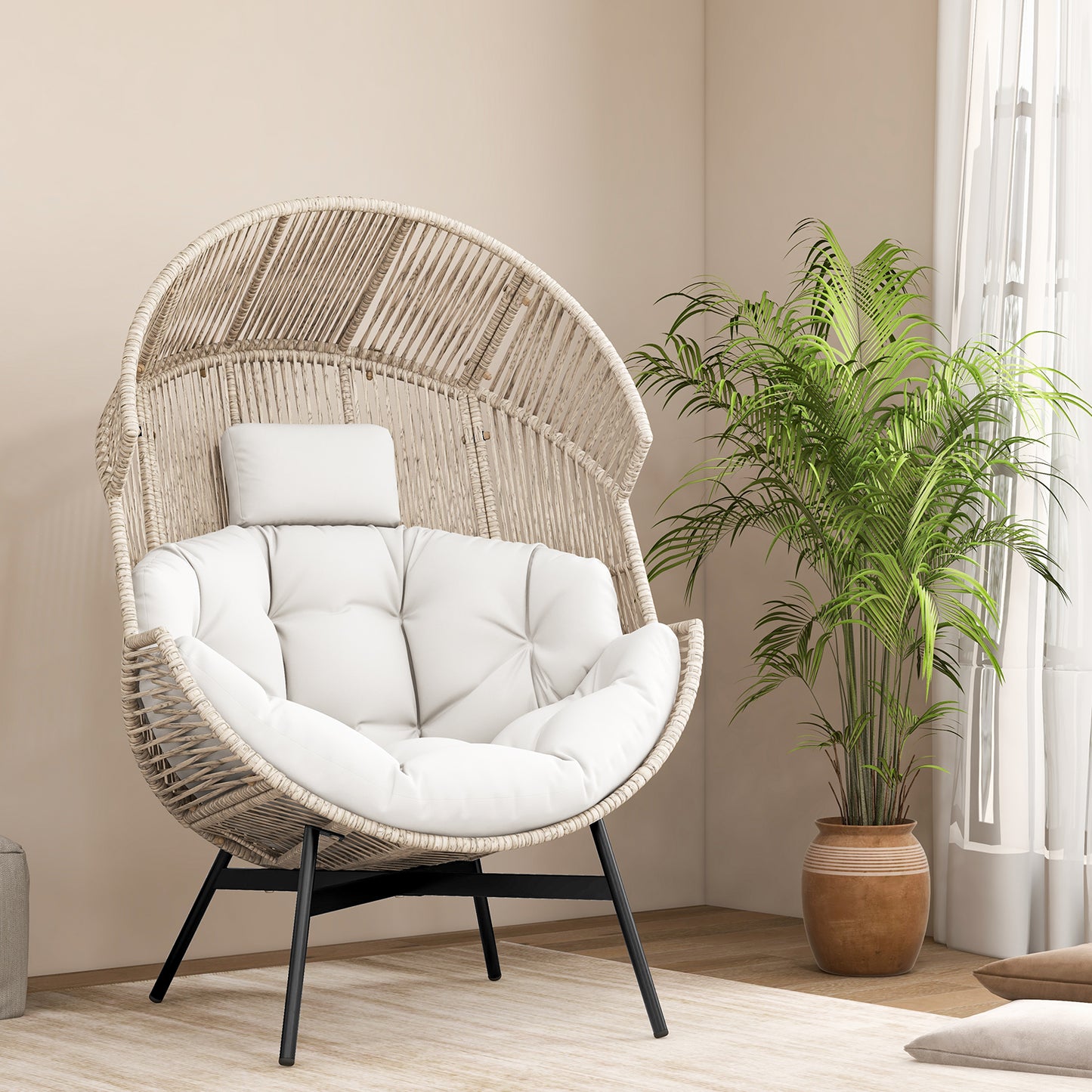 Oversized Wicker Egg Chair with Cushions and Headrest