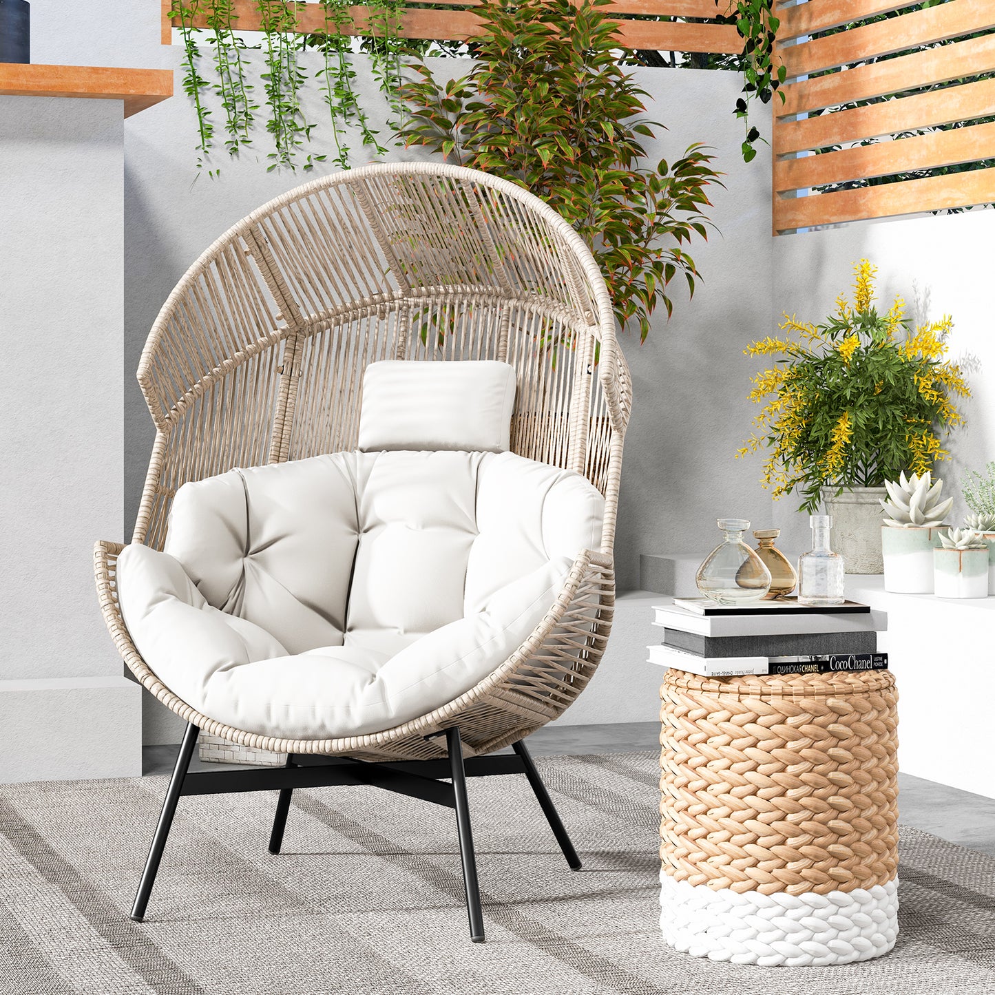 Oversized Wicker Egg Chair with Cushions and Headrest