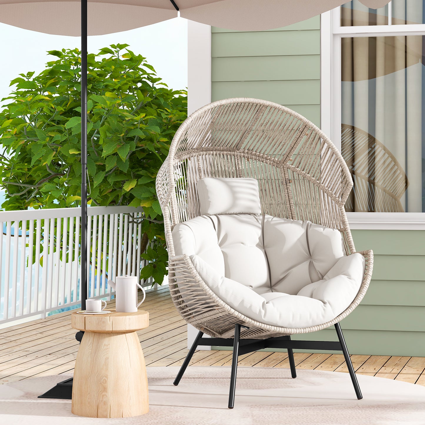 Oversized Wicker Egg Chair with Cushions and Headrest