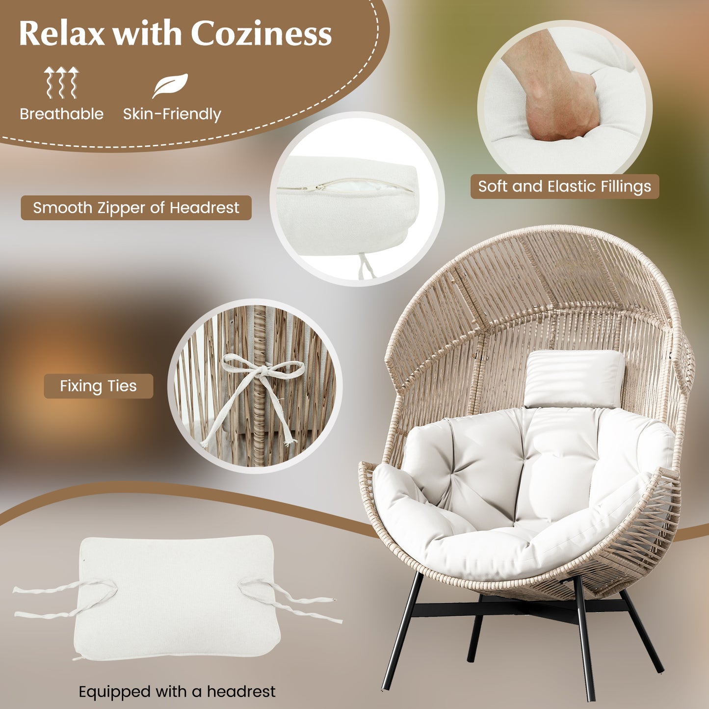 Oversized Wicker Egg Chair with Cushions and Headrest