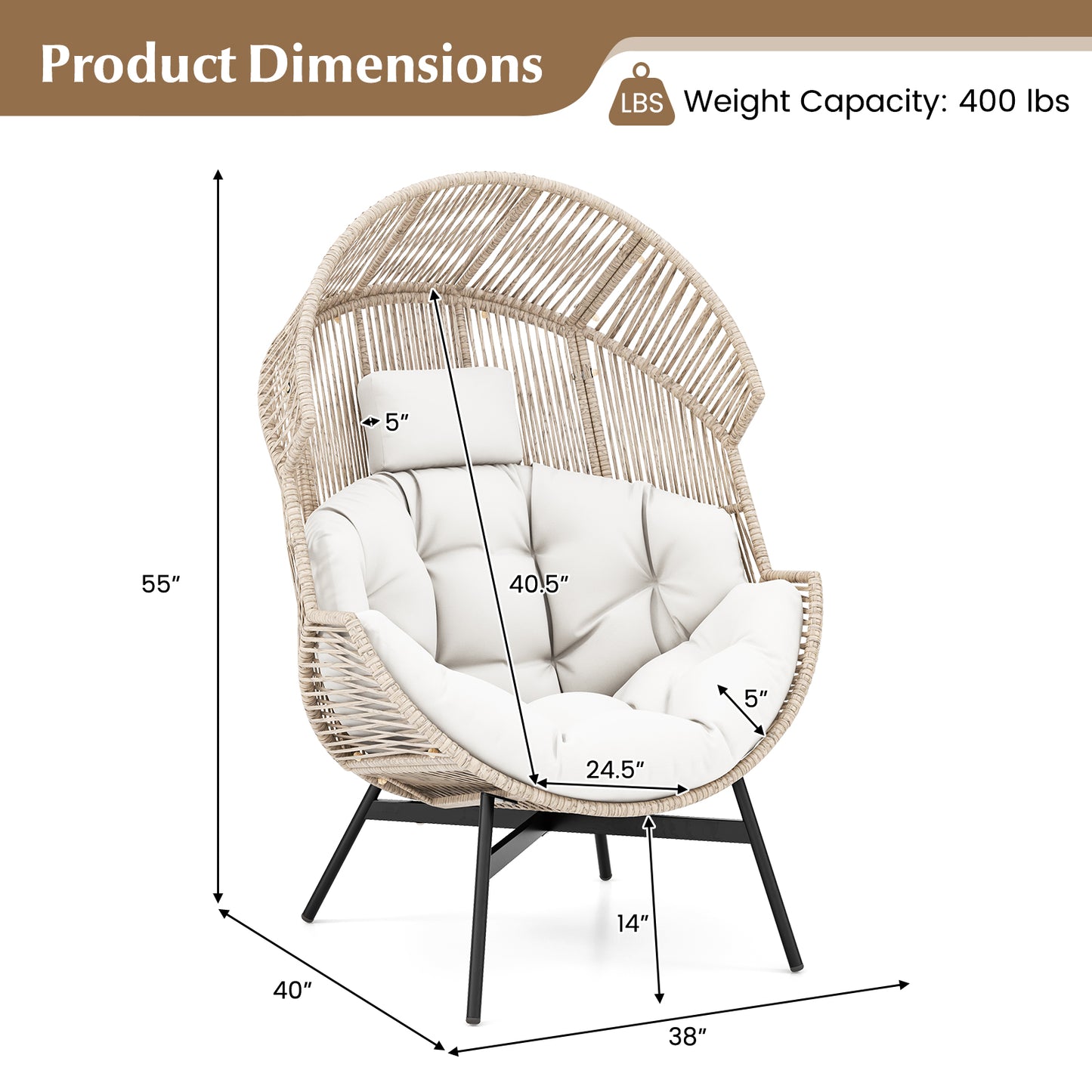 Oversized Wicker Egg Chair with Cushions and Headrest