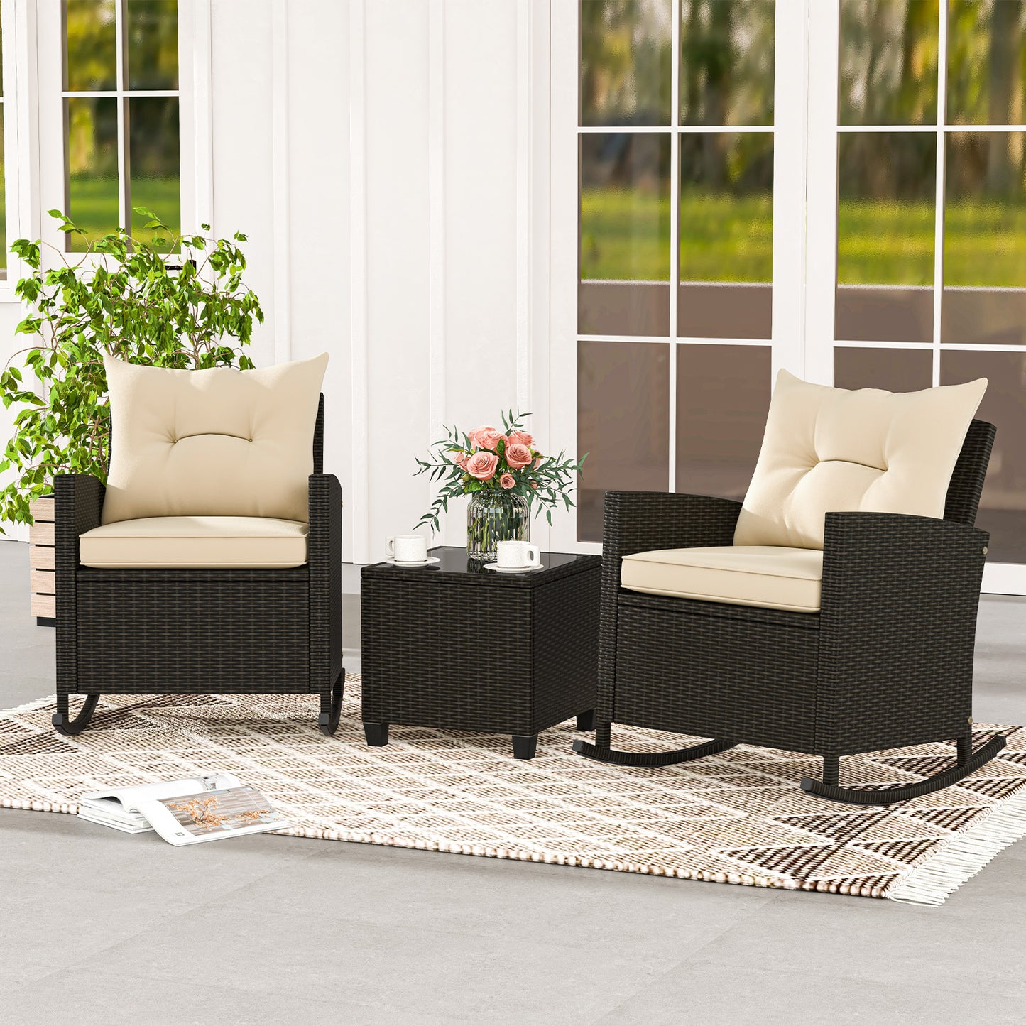 3-Piece Patio Rocking Chair Set with Glass Table