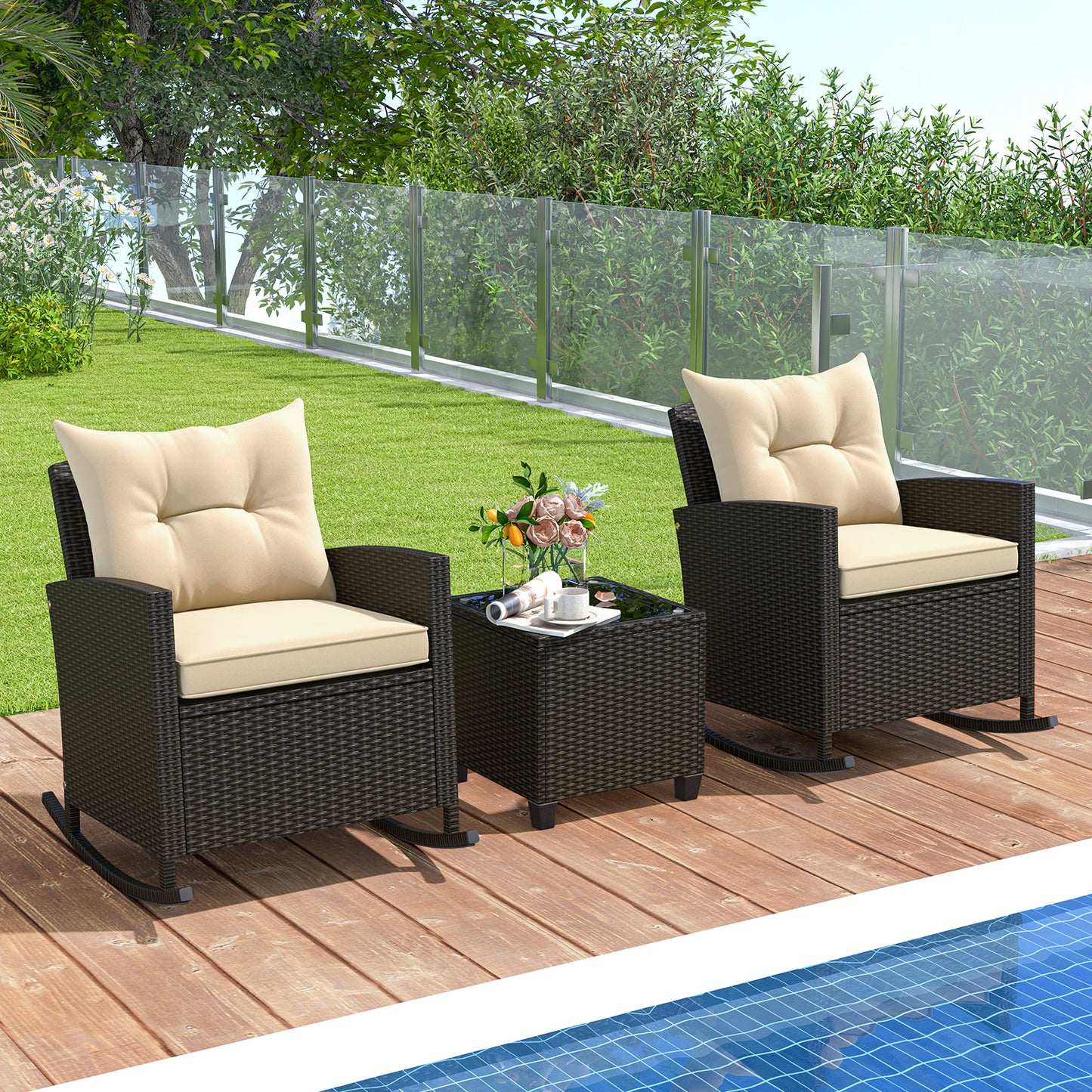 3-Piece Patio Rocking Chair Set with Glass Table