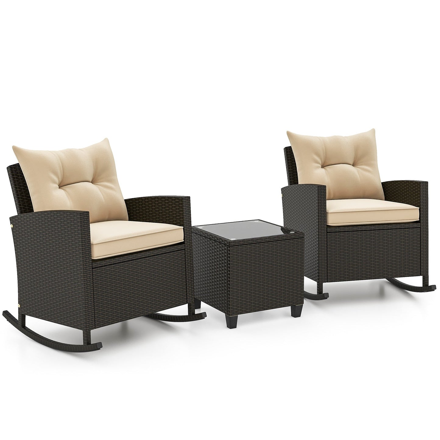 Patio Rattan Roker Chairs with Tempered Glass Table and Soft Cushions for Backyard Poolside Porch