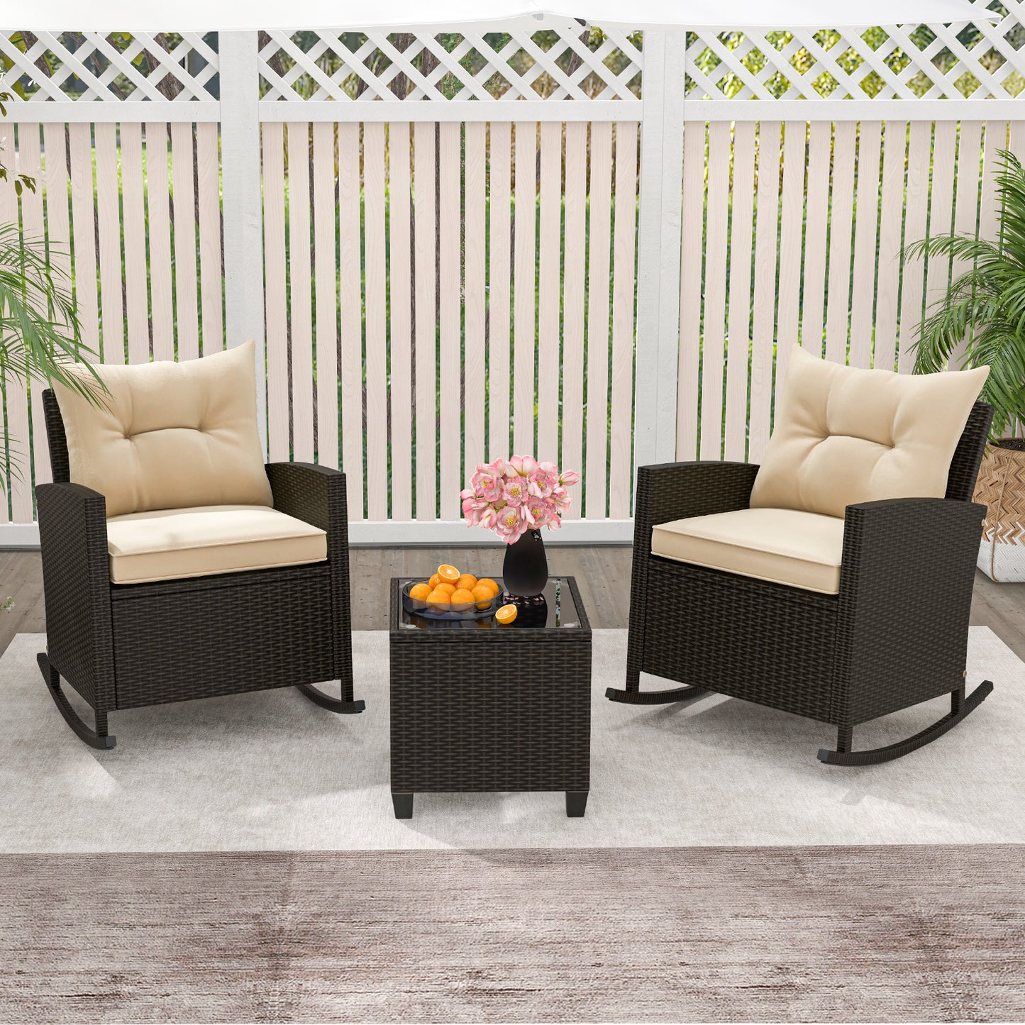 3-Piece Patio Rocking Chair Set with Glass Table