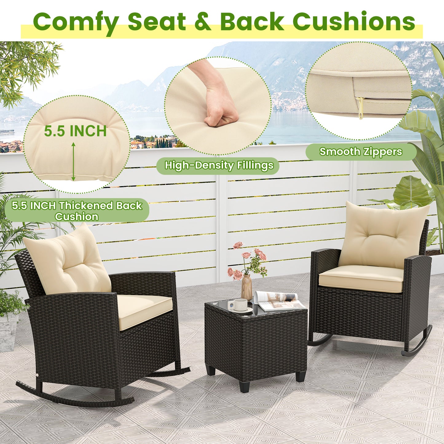 3-Piece Patio Rocking Chair Set with Glass Table