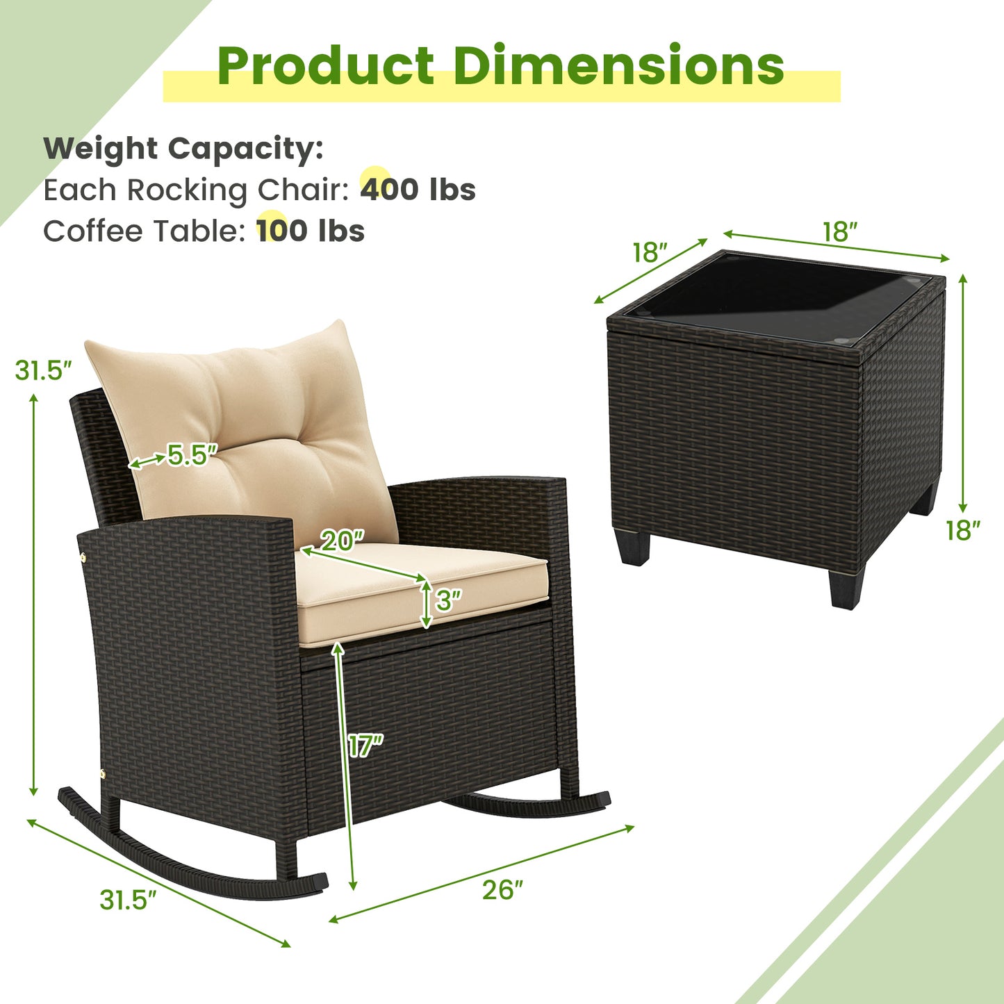 3-Piece Patio Rocking Chair Set with Glass Table