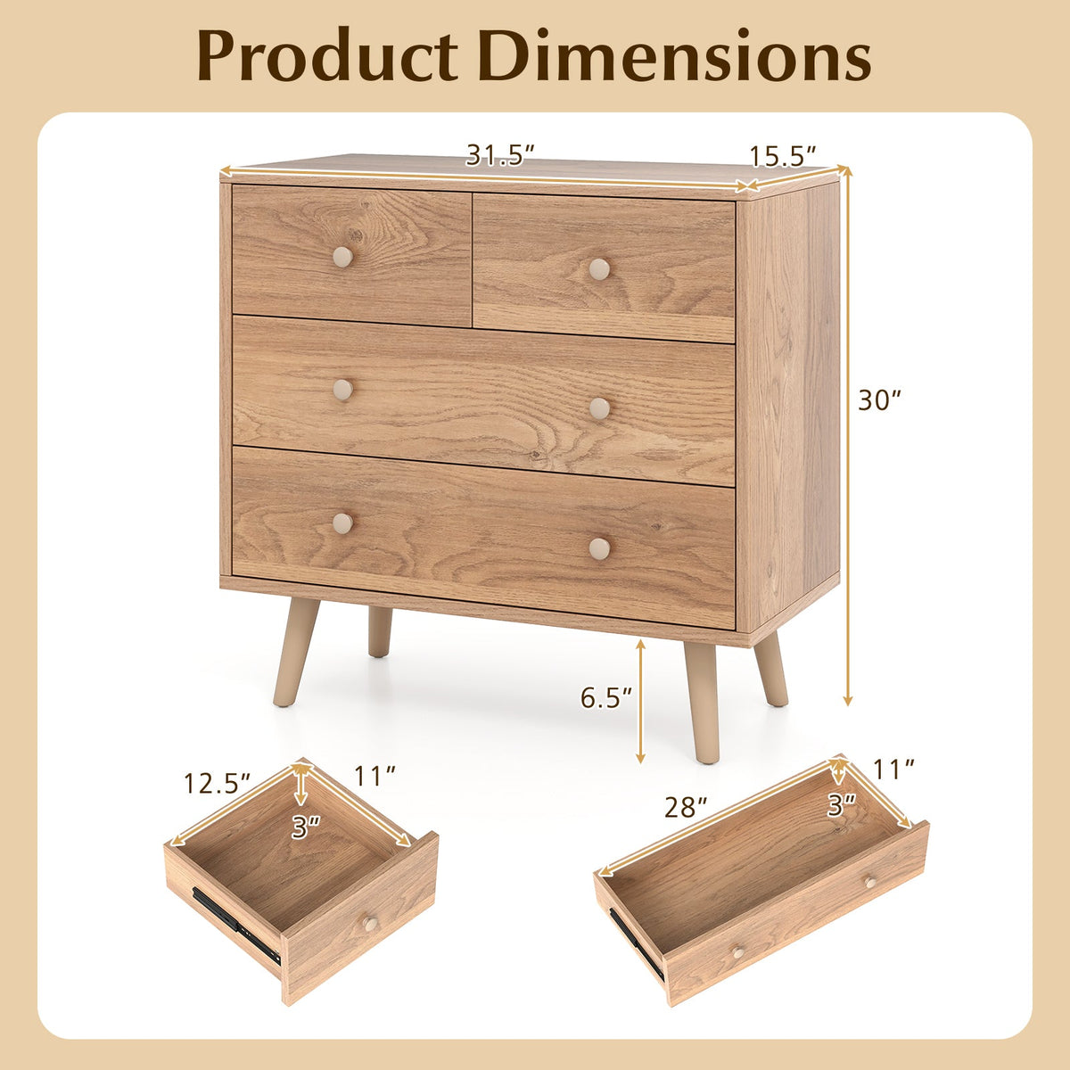 Wide Wooden Dresser with 4 Drawers for Bedroom Living Room