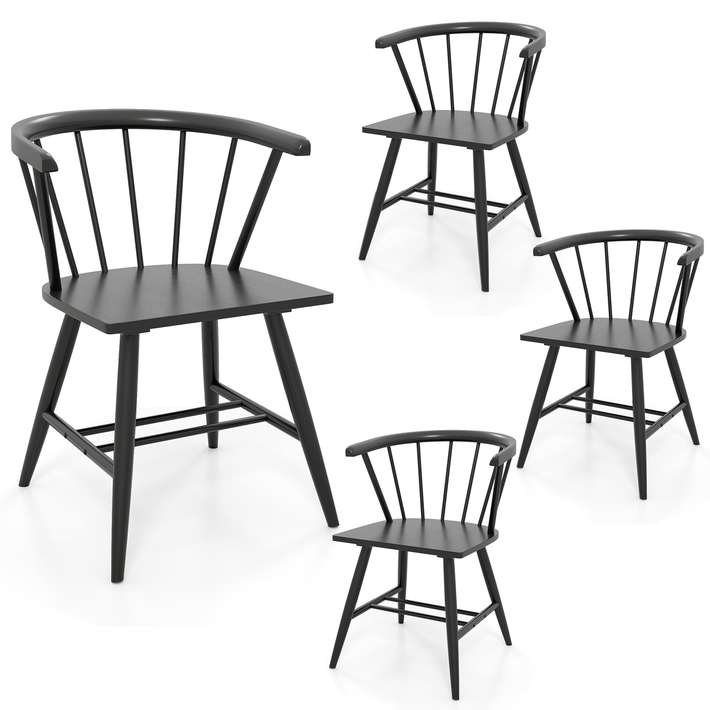 Windsor Dining Chairs Set of 4 - Black Rubber Wood