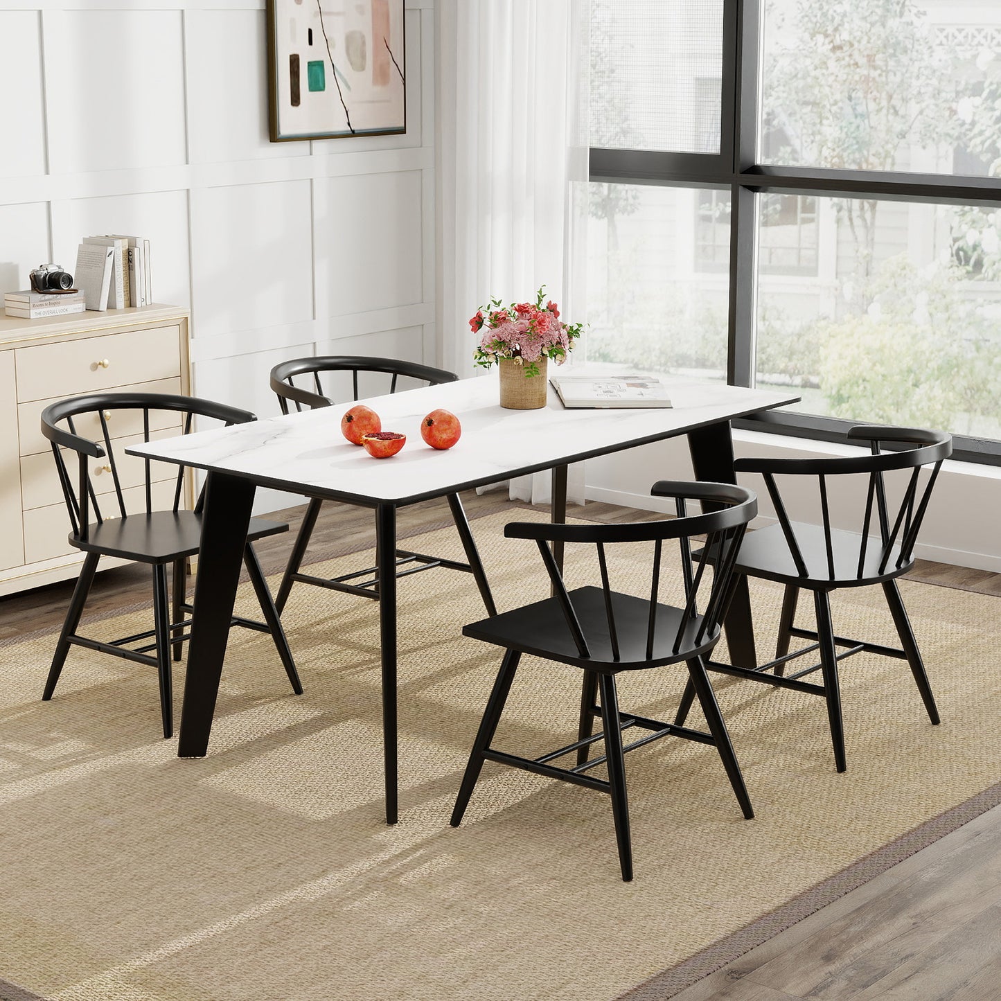 Windsor Dining Chairs Set of 4 - Black Rubber Wood