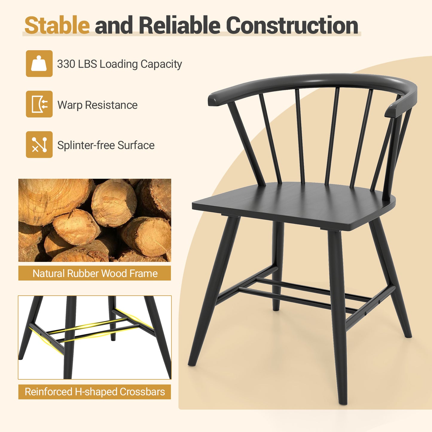 Windsor Dining Chairs Set of 4 - Black Rubber Wood