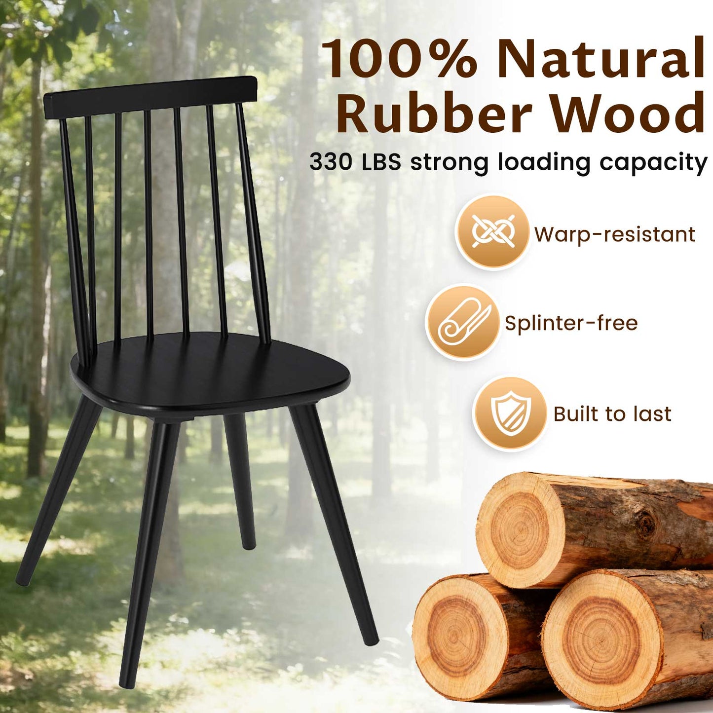 Windsor Dining Chairs Set of 2 with Rubber Wood Frame